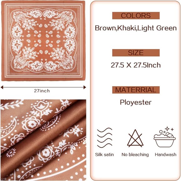 Women's Brown,khaki,light Green 3 Pcs 27.5 Inches Satin Head Scarf Silk Bandana - Picture 3 of 7